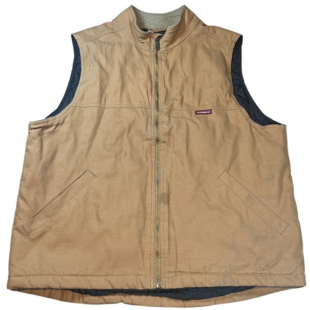 Wolverine Mens‎ Canvas Work Vest Brown XL Sherpa Collar Quilted Lined Full Zip